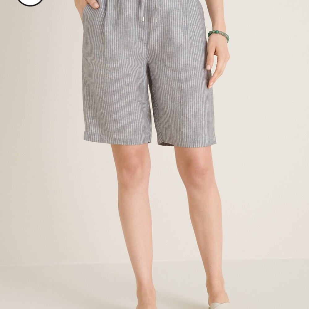 Chico's Linen Tie-Front Cross-Dye Shorts Dove Gray White Stripe Size 1.5R/10